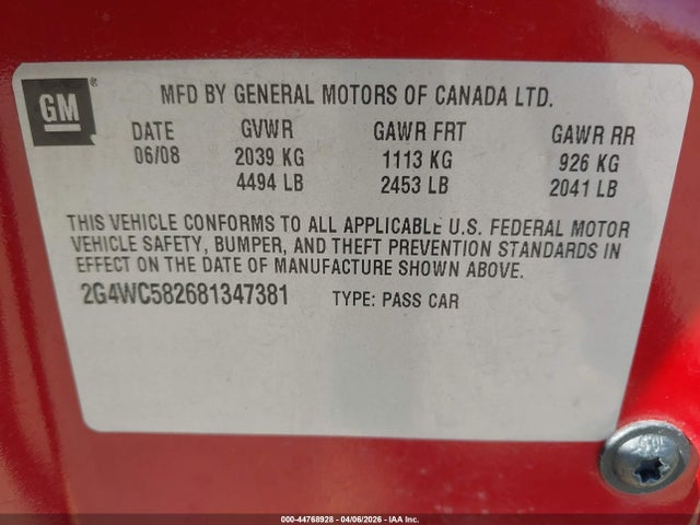 Продаж на аукціоні авто 2008 Buick Lacrosse Cx, vin: 2G4WC582681347381, номер лоту: 44768928