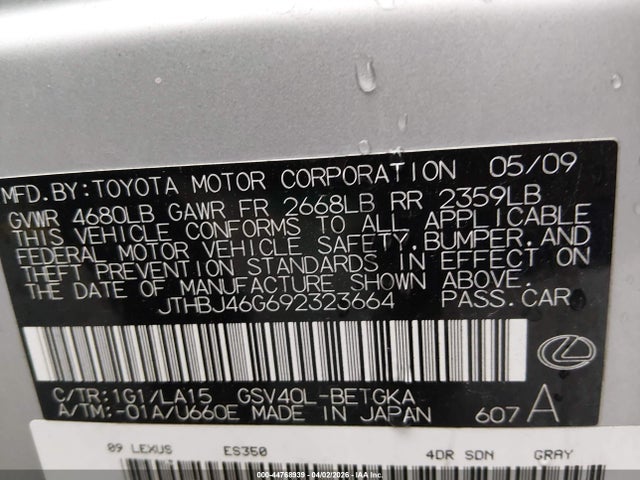 Aukcja sprzedaży 2009 Lexus Es 350, vin: JTHBJ46G692323664, numer aukcji: 44768939