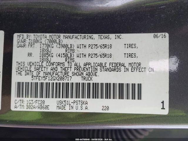 Продаж на аукціоні авто 2016 Toyota Tundra Sr5 5.7l V8, vin: 5TFEY5F12GX208717, номер лоту: 44768946