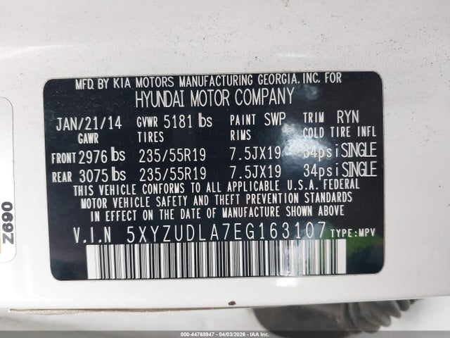 5XYZUDLA7EG163107 Hyundai Santa Fe Sport 2.0l Turbo