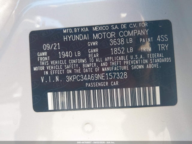 Продажа на аукционе авто 2022 Hyundai Accent Limited, vin: 3KPC34A69NE157328, номер лота: 44768957