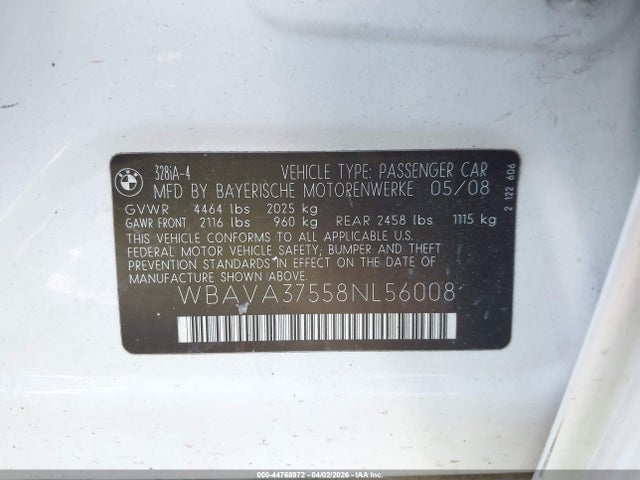 Продажа на аукционе авто 2008 Bmw 328i, vin: WBAVA37558NL56008, номер лота: 44768972