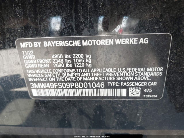 2023 Bmw M340i მანქანა იყიდება აუქციონზე, vin: 3MW49FS09P8D01046, აუქციონის ნომერი: 44768976