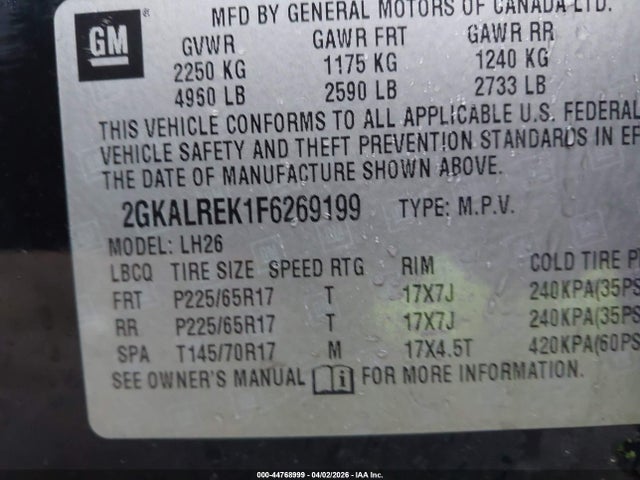 Aukcja sprzedaży 2015 Gmc Terrain Sle-2, vin: 2GKALREK1F6269199, numer aukcji: 44768999