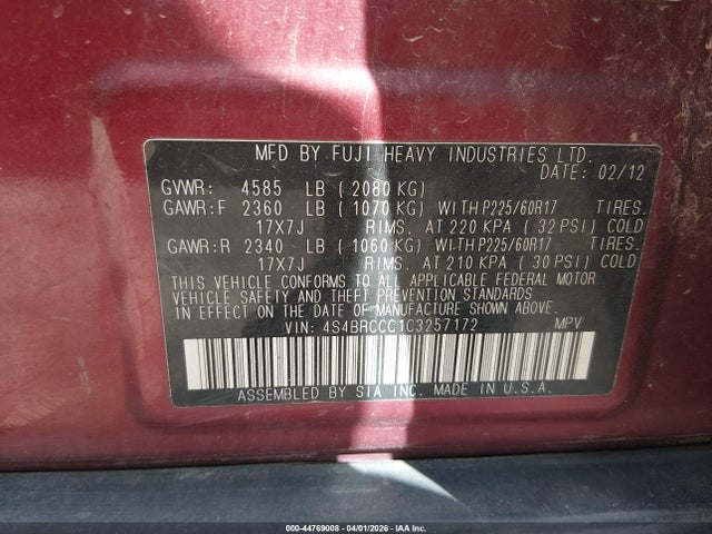 2012 Subaru Outback 2.5i Premium მანქანა იყიდება აუქციონზე, vin: 4S4BRCCC1C3257172, აუქციონის ნომერი: 44769008