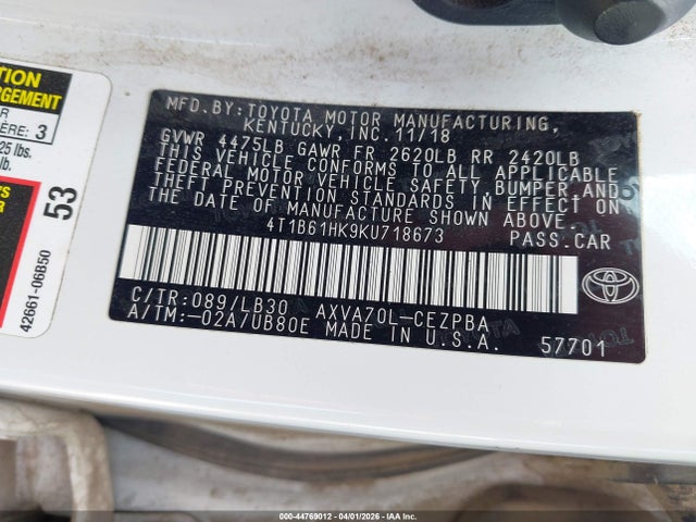 4T1B61HK9KU718673 Toyota CAMRY XSE