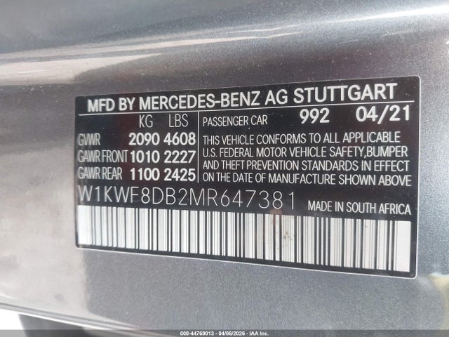 Продажа на аукционе авто 2021 Mercedes-benz C 300 Sedan, vin: W1KWF8DB2MR647381, номер лота: 44769013