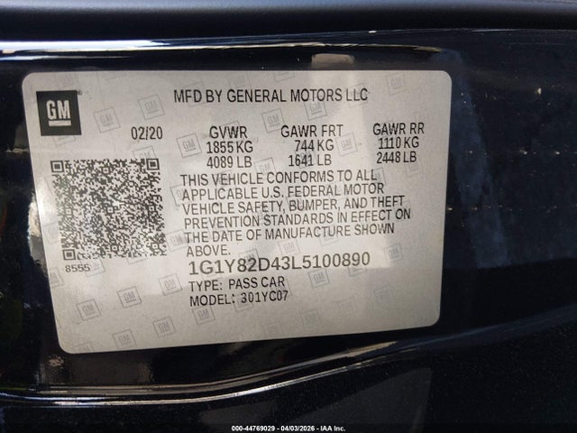 44769029 :رقم المزاد ، 1G1Y82D43L5100890 vin ، 2020 Chevrolet Corvette Stingray Rwd  3lt مزاد بيع