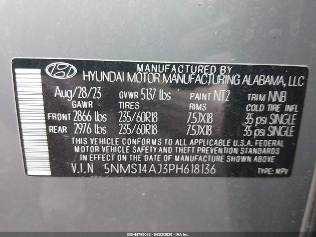 Auction sale of the 2023 Hyundai Santa Fe Se, vin: 5NMS14AJ3PH618136, lot number: 44769042