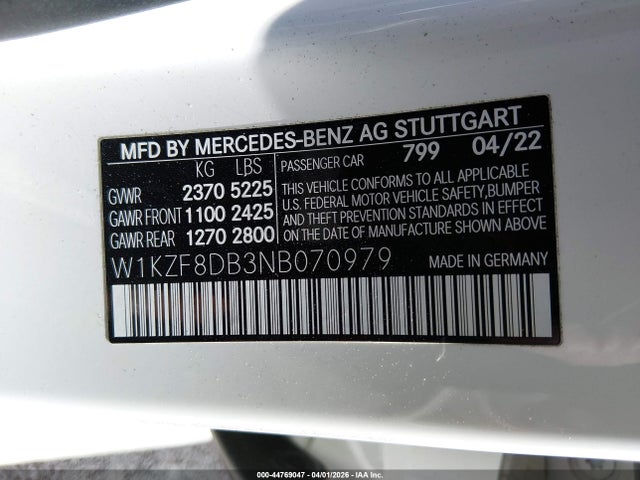 Продажа на аукционе авто 2022 Mercedes-benz E 350, vin: W1KZF8DB3NB070979, номер лота: 44769047