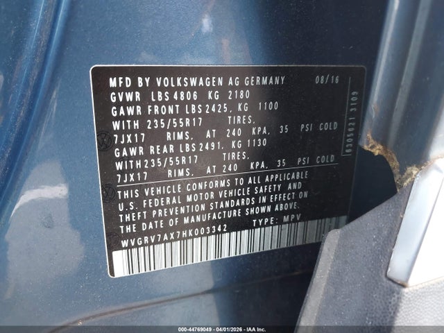 44769049 :رقم المزاد ، WVGRV7AX7HK003342 vin ، 2017 Volkswagen Tiguan 2.0t Wolfsburg Edition مزاد بيع