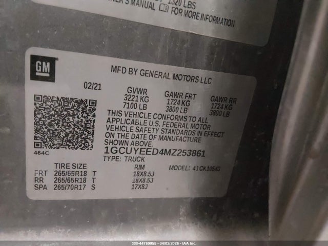44769055 :رقم المزاد ، 1GCUYEED4MZ253861 vin ، 2021 Chevrolet Silverado 1500 4wd  Short Bed Rst مزاد بيع