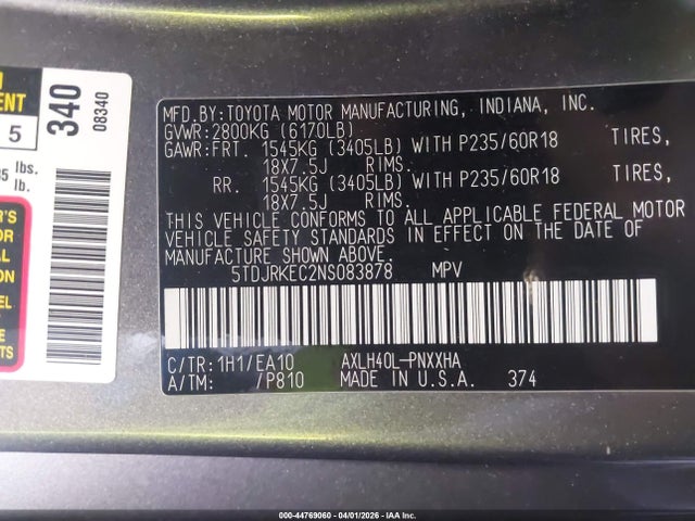 5TDJRKEC2NS083878 Toyota SIENNA XLE