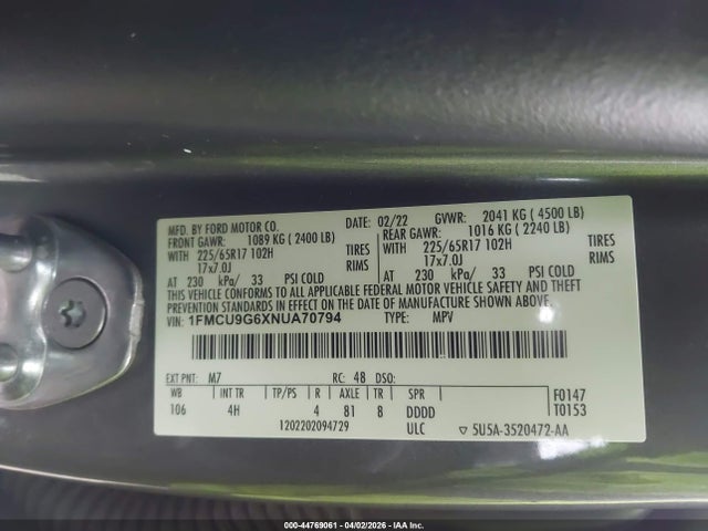 44769061 :رقم المزاد ، 1FMCU9G6XNUA70794 vin ، 2022 Ford Escape Se مزاد بيع