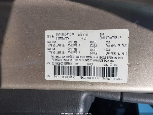 Aukcja sprzedaży 2005 Dodge Ram 1500 St, vin: 1D7HA16N35J620860, numer aukcji: 44769069