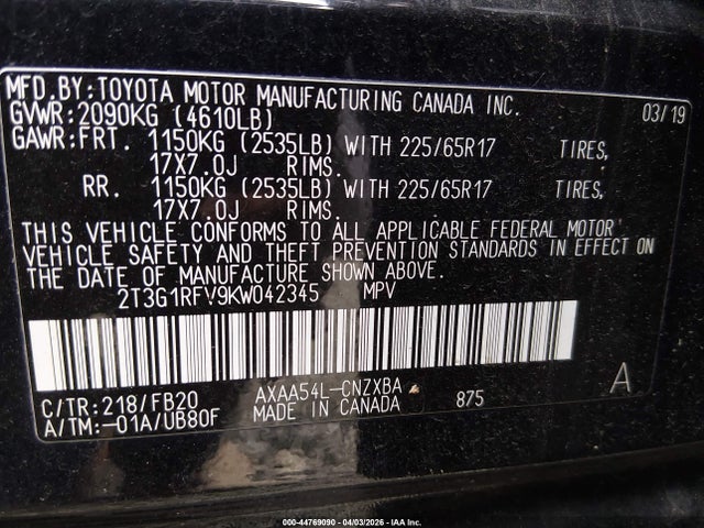 2T3G1RFV9KW042345 Toyota RAV4 LE