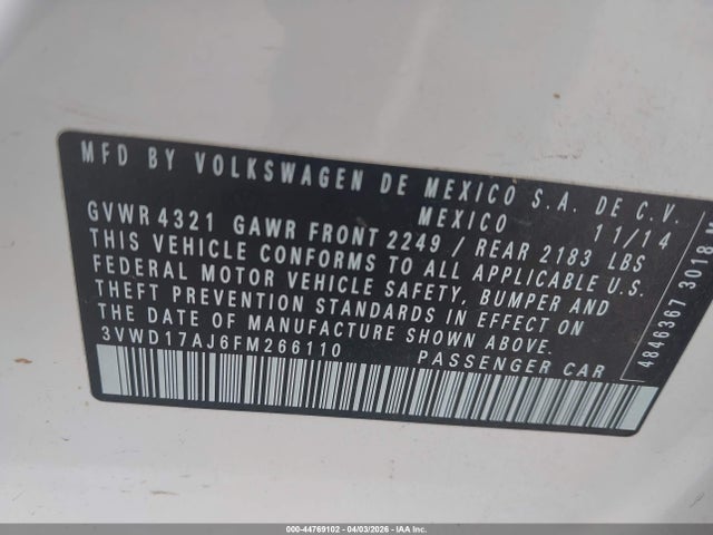 44769102 :رقم المزاد ، 3VWD17AJ6FM266110 vin ، 2015 Volkswagen Jetta 1.8t Se مزاد بيع