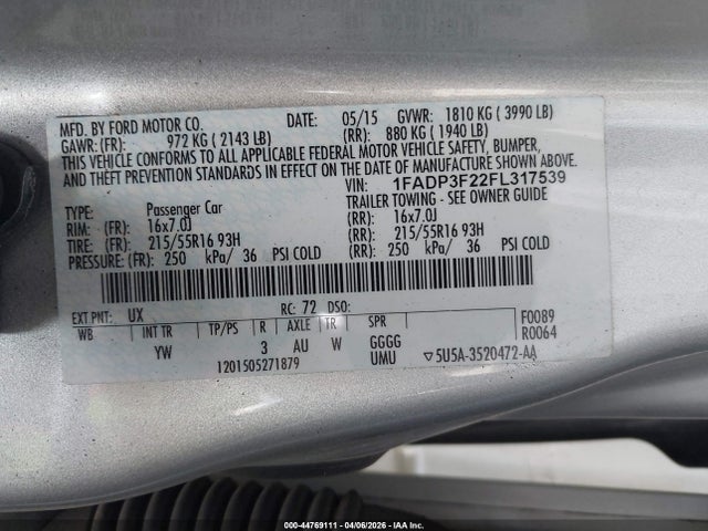 Ford FOCUS SE 2015 1FADP3F22FL317539 Image 9