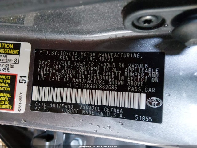 Продаж на аукціоні авто 2024 Toyota Camry Le, vin: 4T1C11AK4RU869685, номер лоту: 44769115