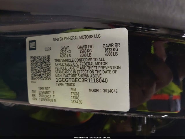 44769116 :رقم المزاد ، 1GCGTBEC3R1118040 vin ، 2024 Chevrolet Colorado 4wd Wt مزاد بيع
