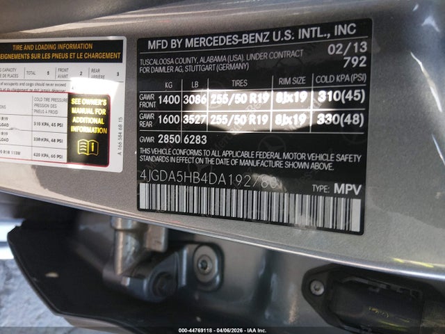 44769118 :رقم المزاد ، 4JGDA5HB4DA192780 vin ، 2013 Mercedes-benz Ml 350 4matic مزاد بيع