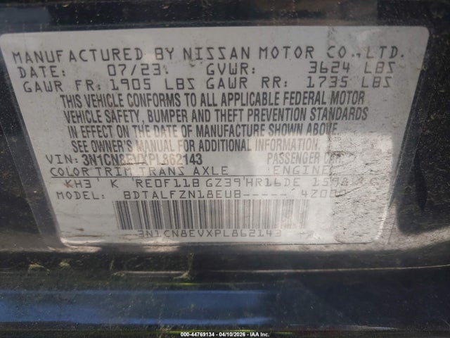 Aukcja sprzedaży 2023 Nissan Versa 1.6 Sv Xtronic Cvt, vin: 3N1CN8EVXPL862143, numer aukcji: 44769134