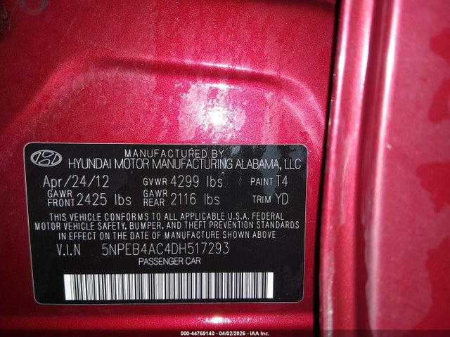 Aukcja sprzedaży 2013 Hyundai Sonata Gls, vin: 5NPEB4AC4DH517293, numer aukcji: 44769140
