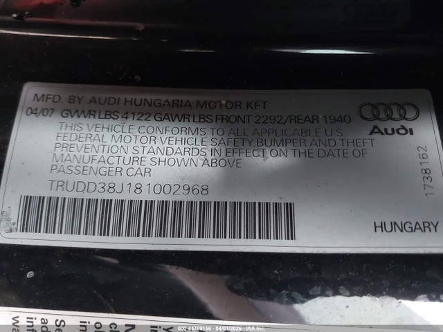 Aukcja sprzedaży 2008 Audi Tt 3.2, vin: TRUDD38J181002968, numer aukcji: 44769156