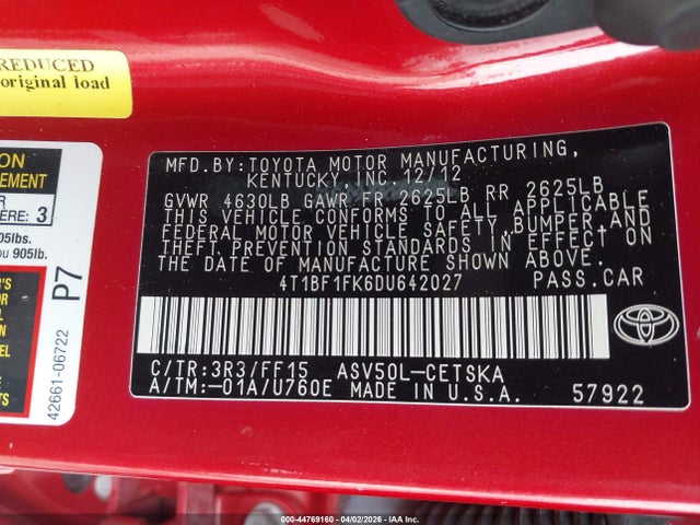 44769160 :رقم المزاد ، 4T1BF1FK6DU642027 vin ، 2013 Toyota Camry Se مزاد بيع