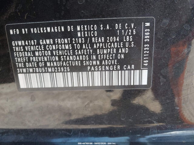 2026 Volkswagen Jetta Se მანქანა იყიდება აუქციონზე, vin: 3VW7W7BU5TM023925, აუქციონის ნომერი: 44769166