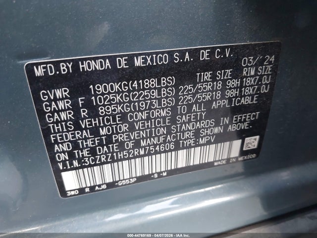 3CZRZ1H52RM754606 Honda Hr-v 2wd Sport/2wd Sport W/o Bsi