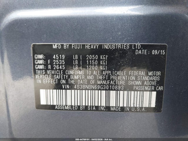 2016 Subaru Legacy 2.5i Limited მანქანა იყიდება აუქციონზე, vin: 4S3BNBN69G3010893, აუქციონის ნომერი: 44769191