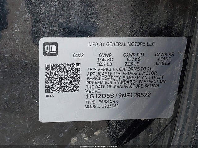 Продаж на аукціоні авто 2022 Chevrolet Malibu Fwd Lt, vin: 1G1ZD5ST3NF139522, номер лоту: 44769199