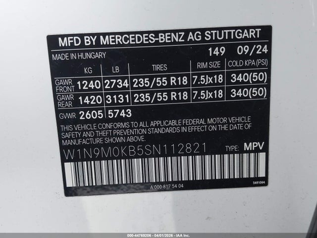 Aukcja sprzedaży 2025 Mercedes-benz Eqb 300 Suv 4matic, vin: W1N9M0KB5SN112821, numer aukcji: 44769206