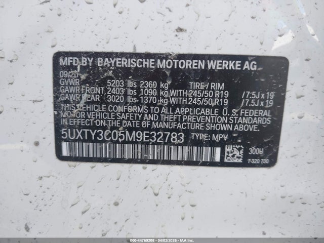 2021 Bmw X3 Sdrive30i მანქანა იყიდება აუქციონზე, vin: 5UXTY3C05M9E32783, აუქციონის ნომერი: 44769208