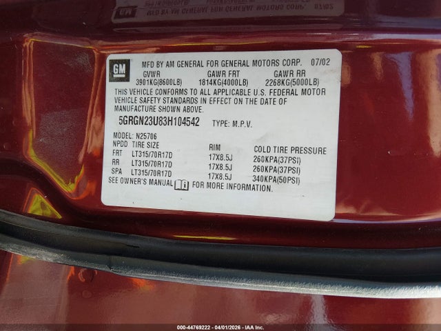 2003 HUMMER H2 5GRGN23U83H104542 Photo 8