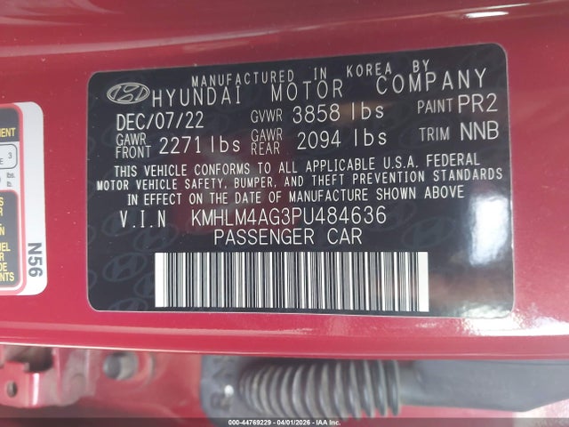 Продажа на аукционе авто 2023 Hyundai Elantra Sel, vin: KMHLM4AG3PU484636, номер лота: 44769229