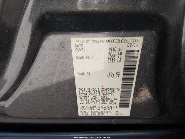 Продажа на аукционе авто 2015 Nissan Altima 2.5 S, vin: 1N4AL3AP8FN905841, номер лота: 44769230