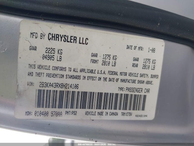 2008 Dodge Charger მანქანა იყიდება აუქციონზე, vin: 2B3KA43RX8H214106, აუქციონის ნომერი: 44769233