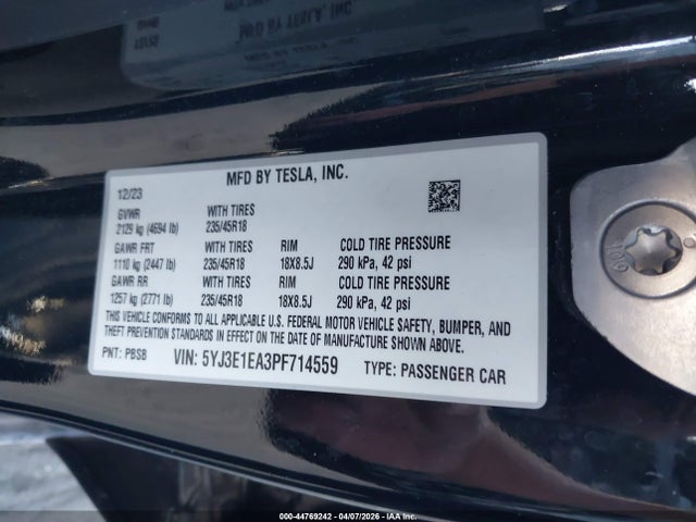 Aukcja sprzedaży 2023 Tesla Model 3 Rear-wheel Drive, vin: 5YJ3E1EA3PF714559, numer aukcji: 44769242