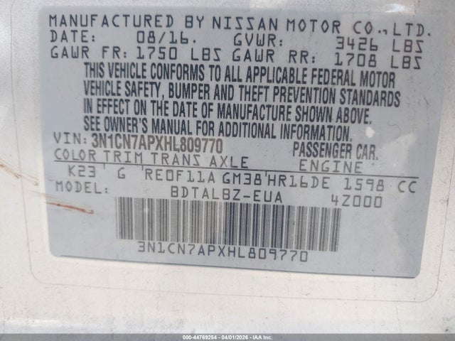 3N1CN7APXHL809770 Nissan Versa 1.6 Sv