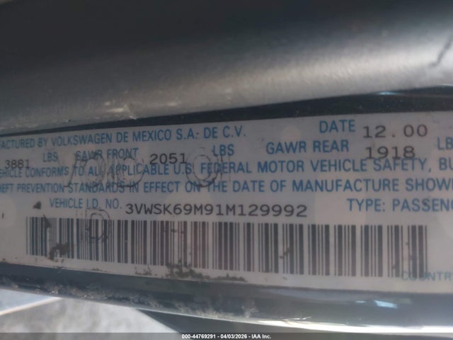 2001 Volkswagen Jetta Gls მანქანა იყიდება აუქციონზე, vin: 3VWSK69M91M129992, აუქციონის ნომერი: 44769291