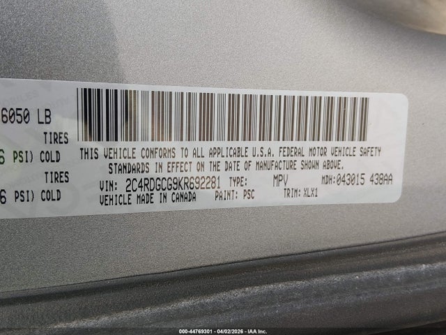 44769301 :رقم المزاد ، 2C4RDGCG9KR692281 vin ، 2019 Dodge Grand Caravan Sxt مزاد بيع