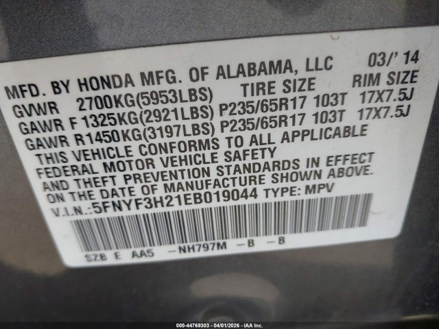 Honda PILOT LX 2014 5FNYF3H21EB019044 Image 9