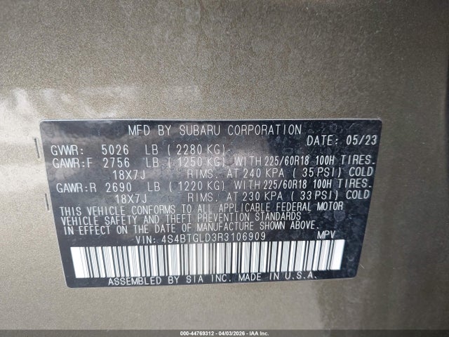 4S4BTGLD3R3106909 Subaru Outback Onyx Edition Xt