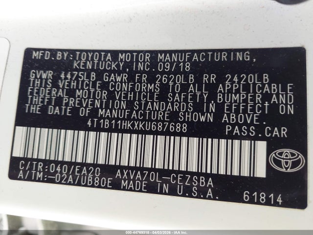 4T1B11HKXKU687688 Toyota CAMRY SE
