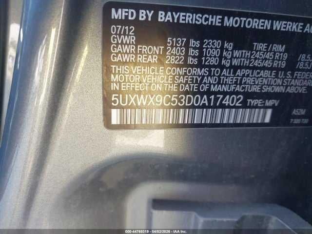 Продаж на аукціоні авто 2013 Bmw X3 Xdrive28i, vin: 5UXWX9C53D0A17402, номер лоту: 44769319