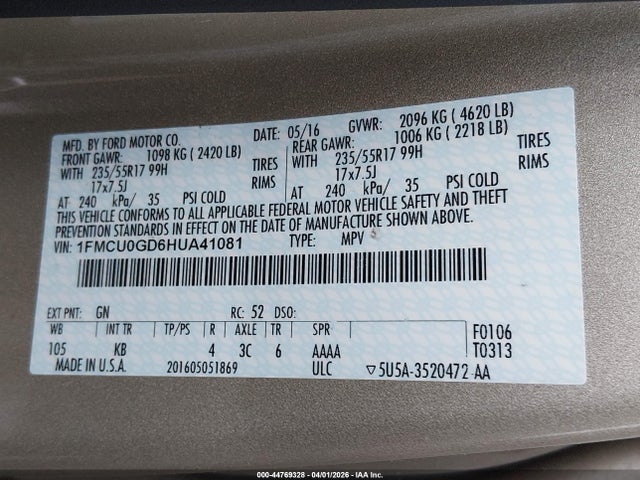 1FMCU0GD6HUA41081 Ford ESCAPE SE