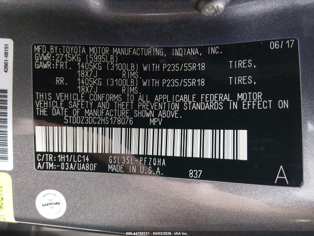 Toyota Sienna Xle 7 Passenger 2017 5TDDZ3DC2HS178076 Image 9