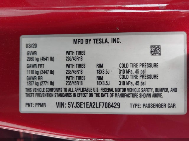 44769335 :رقم المزاد ، 5YJ3E1EA2LF706429 vin ، 2020 Tesla Model 3 Standard Range Plus Rear-wheel Drive/standard Range Rear-wheel Drive مزاد بيع